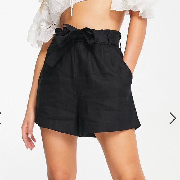 Black High Waist paper bag linen Shorts - Picture 1 of 9